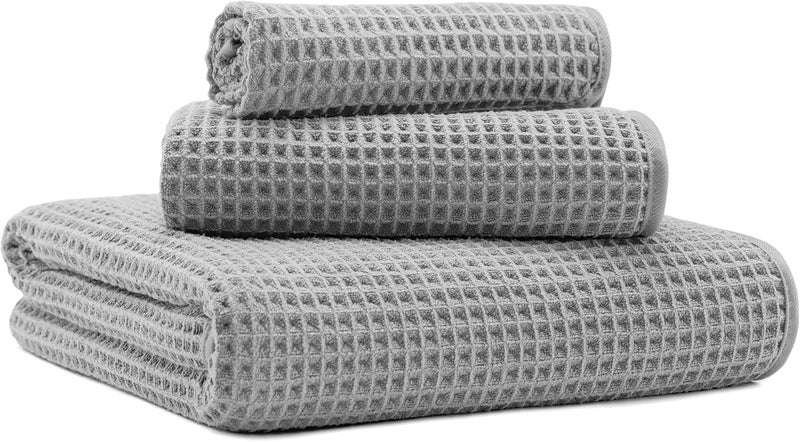 MICROFI New Microfiber Waffle Bath Towels, 3 Pieces, Oversized, Soft, Absorbent, Fast Drying, Lint Free, Includes Bath, Face and Hand Towels (Silver) - Image 1